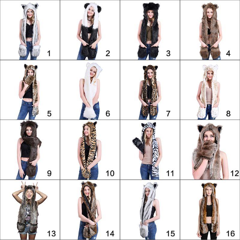 3 в 1 Женская и мужская пушистая плюшевая шапка-ушанка с изображением волка и леопарда, шапка с лапами, варежки, перчатки, утепленная зимняя теплая шапка-бомбер с ушами