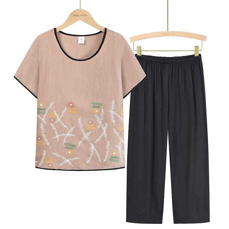 Летние двухкомпонентные топы из хлопка и льна для женщин 60-70 лет - Короткий рукав