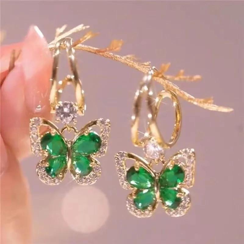 Copper Needle Vintage Green Crystal Butterfly Drop Earrings for Women Jewelry New Trending Luxury Zircon Women's Earrings