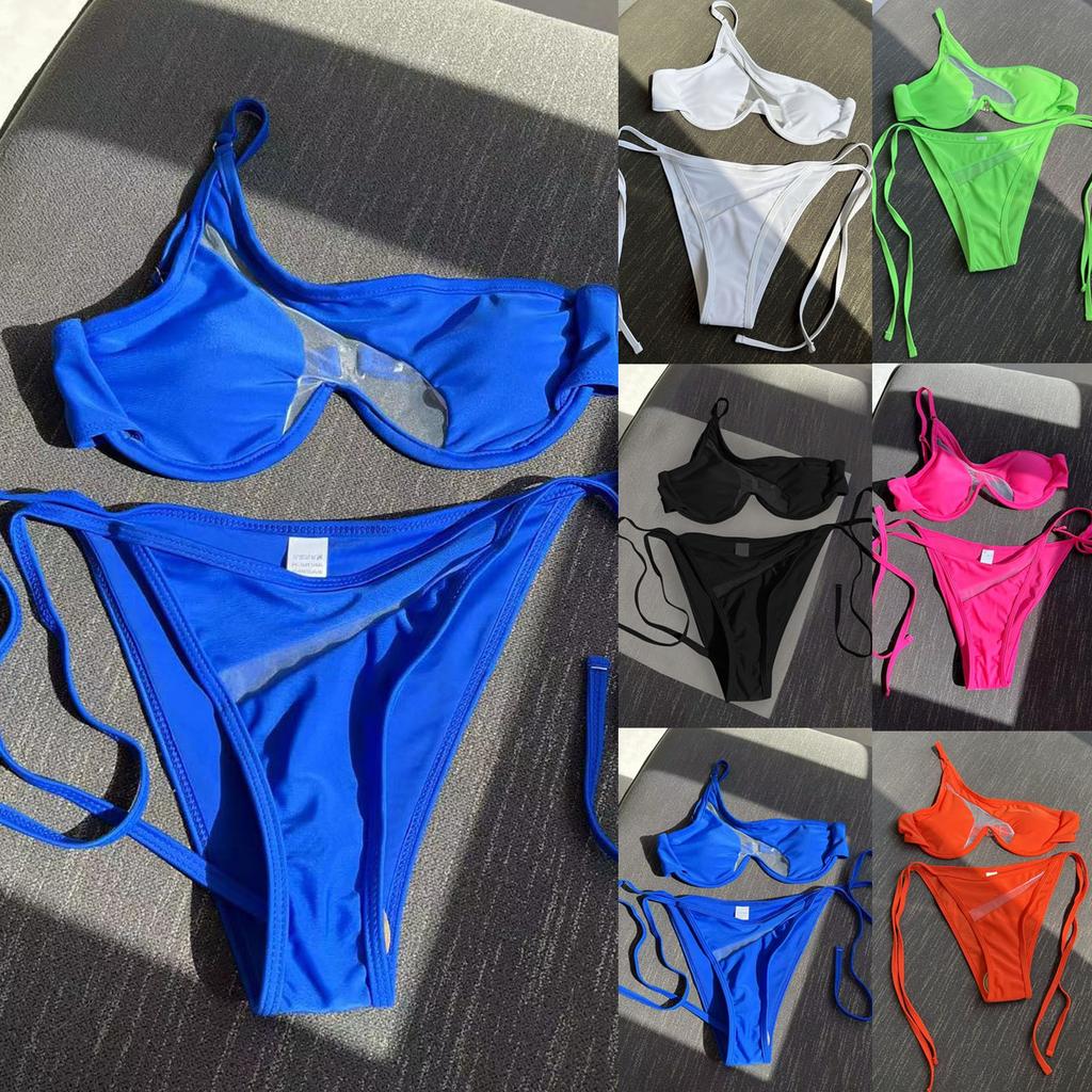 Женский модный однотонный пляжный купальник с разрезом в сетку (2 комплекта с накладками на грудь без стального бюстгальтера)