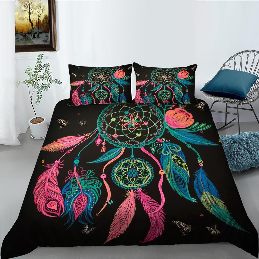 Black Background Dream Catcher Pattern Bedding Set Starry Sky Dream Catcher Quilt Cover Pillow Case 2 or 3 Pieces Soft and Comfortable Home Decoration