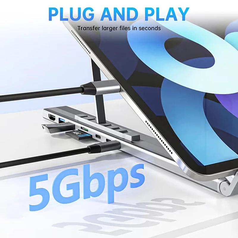 8-in-1 USB-C Laptop Stand With Docking Station Universal USB C Dock Tablet Stand Foldable Type-C Hubs Adapter Plug Play