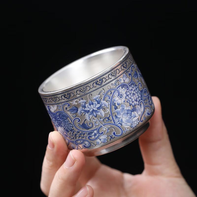 Tea Xun Retro Blue & White Ceramic Gilt Silver Tea Cup Pair