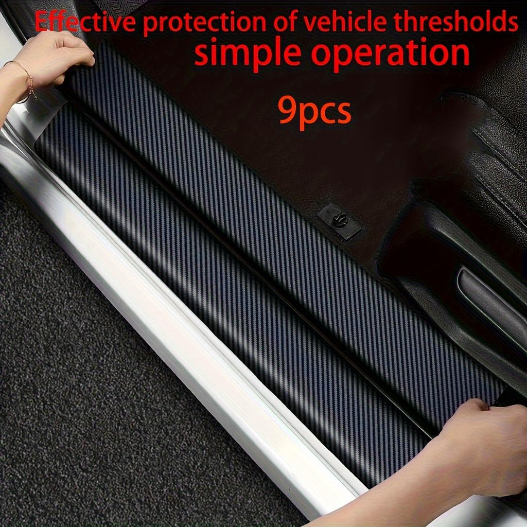 9pcs Vehicle Door Sill Protector Set Rubber Carbon Fiber Vinyl Stickers, Easy To Install Durable Entry Guards for Car Threshold Protection