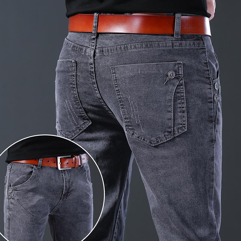 Fashion Jeans Men Straight Grey Middle Waist Pants Denim Trousers