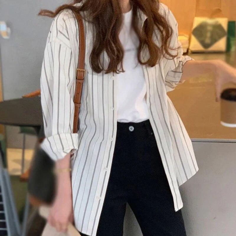Рубашки с воротником с лацканами для женщин, свободная блузка с длинными рукавами, однобортный топ в полоску на пуговицах, рабочий офисный топ