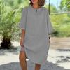 Женское свободное платье-рубашка из хлопка и льна, повседневное платье миди с рукавом 1/2 и круглым вырезом, летний пляжный сарафан для отдыха