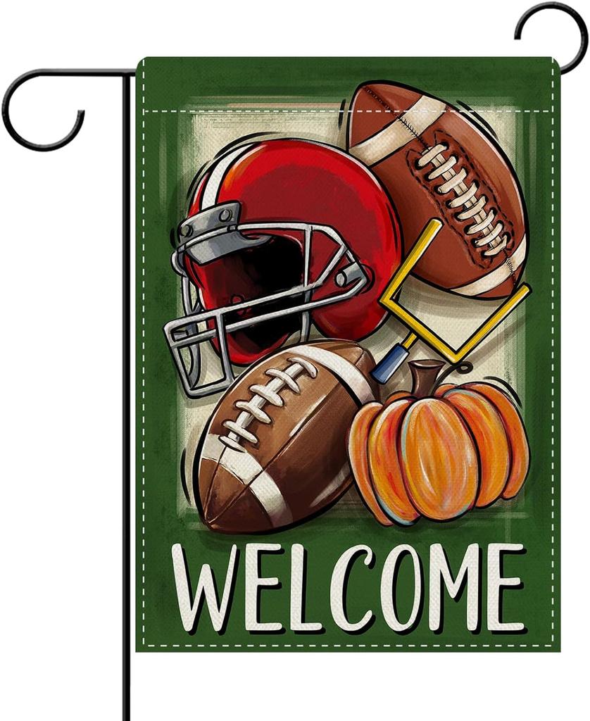 Dyrenson Welcome Football Decorative Garden ag, Rugby Sport Game Helmet Yard Outside Home Decoration, Fall Pumpkin Burlap UUN