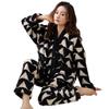 Women's Cozy Coral Fleece Pajama Set - Thick Cardigan, Long Sleeve, Printed Design for Autumn/Winter, Suitable for Outdoor Wear