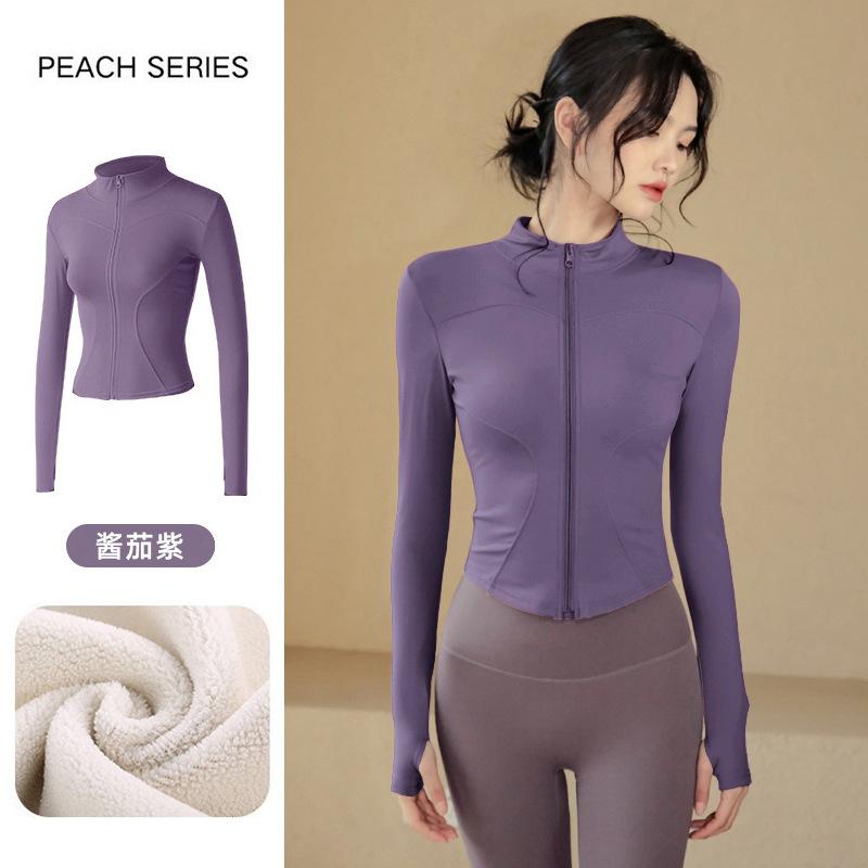 Spring warm tight stand-up neck cardigan slim yoga clothes jacket fitness clothes women's thick velvet running sports jacket
