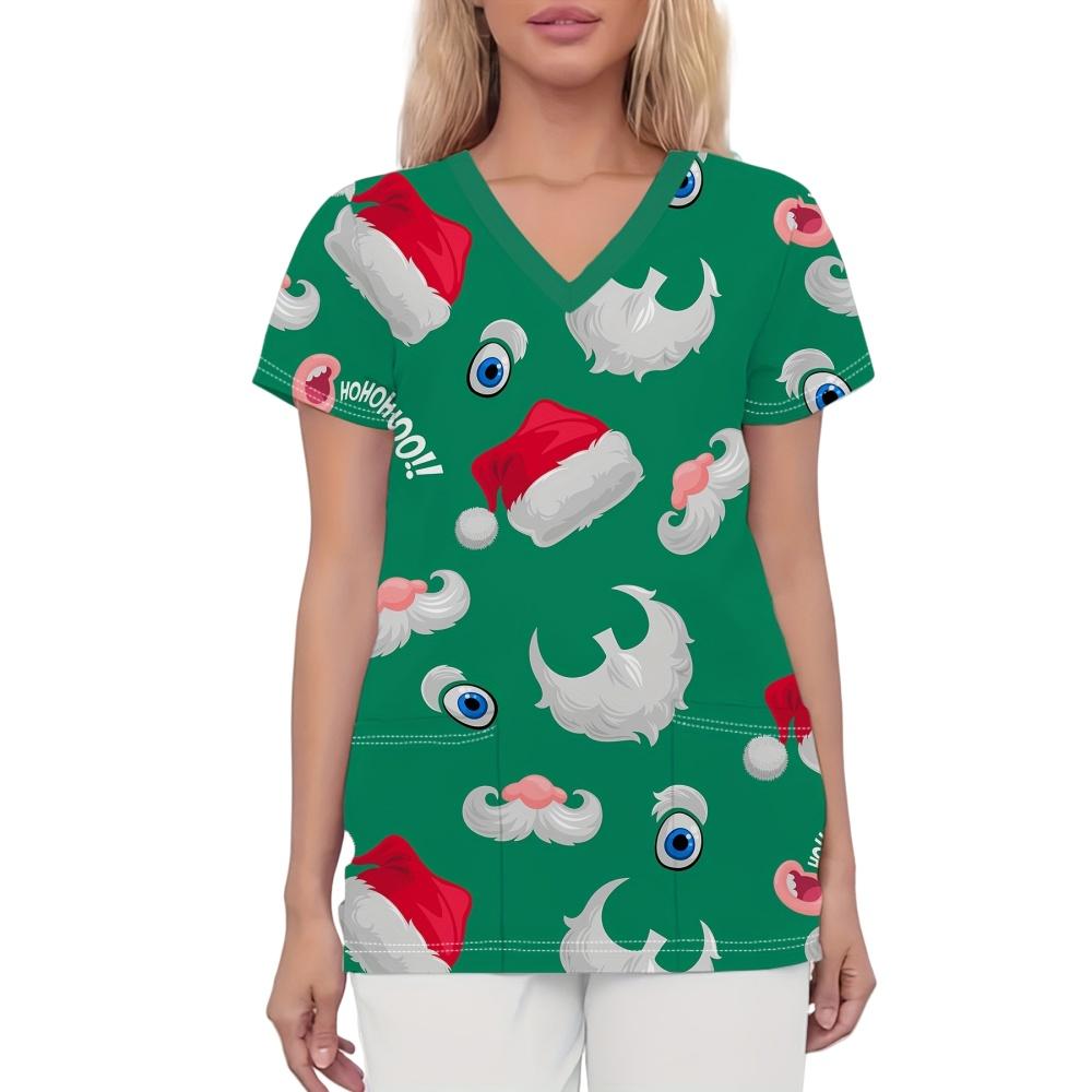 Рождественская униформа для медсестер Женская Мультяшный принт Снеговик Модная с коротким рукавом и карманами Одежда для медсестер Стоматологические клинические униформы