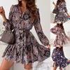 Tooxika New V-neck Printed Long-sleeved Dress With Ruffles And Stitching Shirt Dress