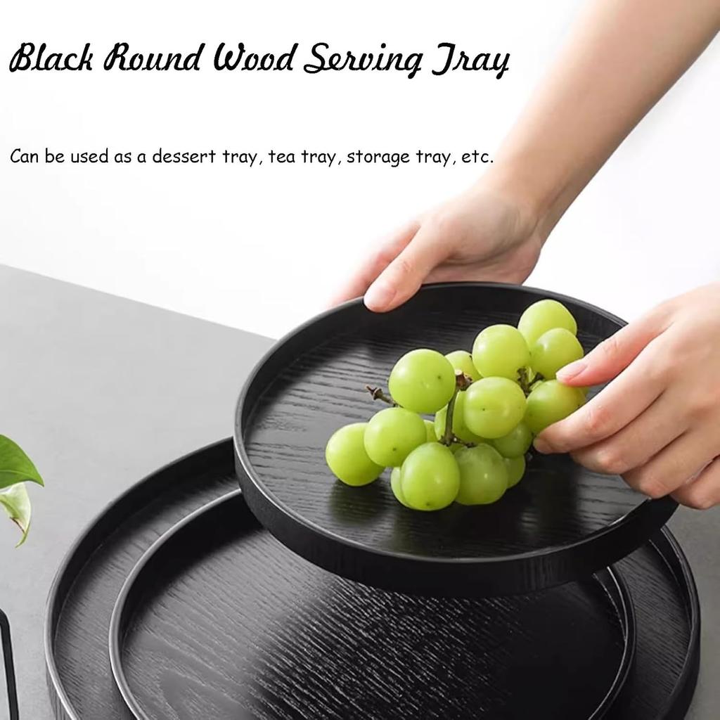 Round Wood Serving Tray, Solid Wooden Decorative Tray Non-Slip Tea Coffee Table Tray Snack Plate Food Meals Serving Tray with Raised Edges for Home