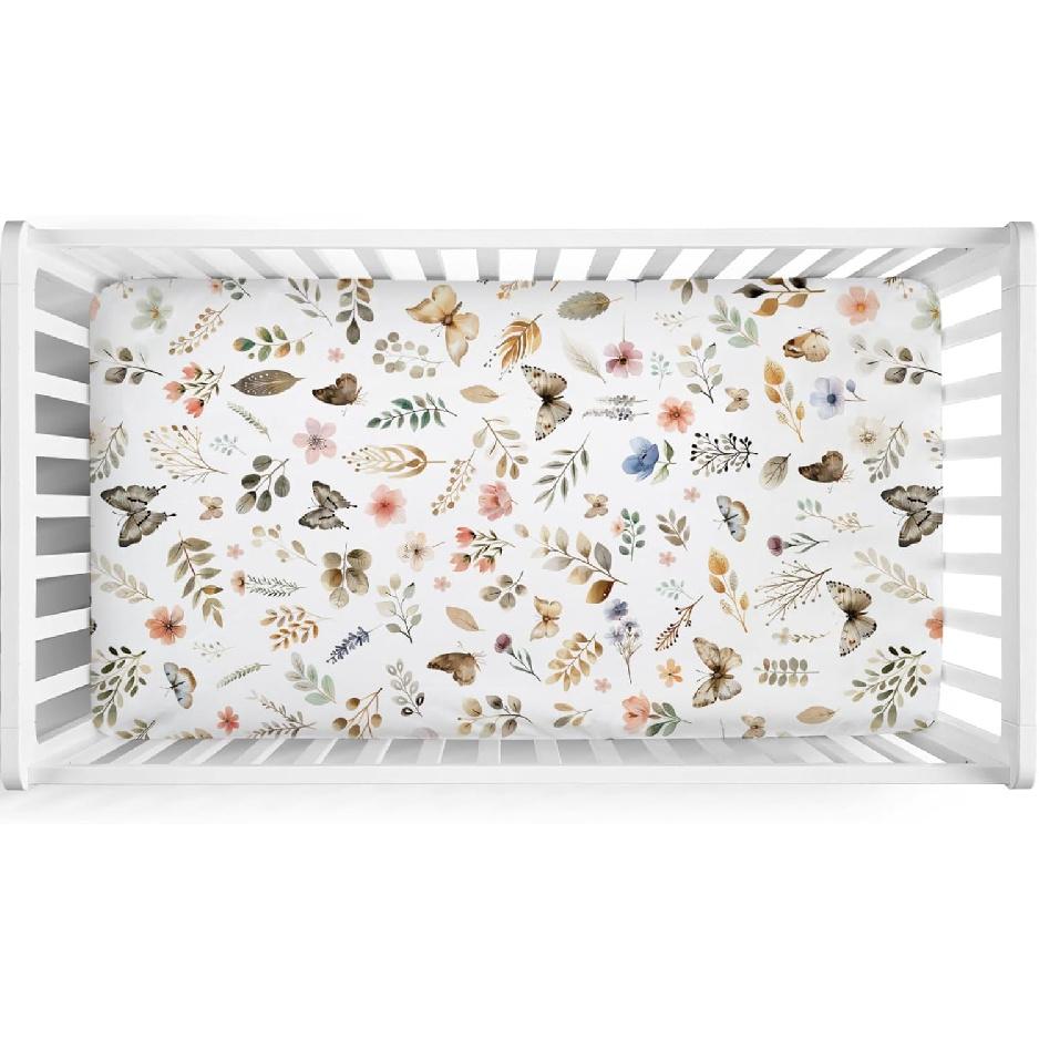 Ретро Бохо Цветочный Листья Бабочки Детская Простыня 52''x28'' Ботанический Сад Весна Эластичный Натяжной Наматрасник для Детской Кроватки для Мальчика Девочки Растения Мягкий