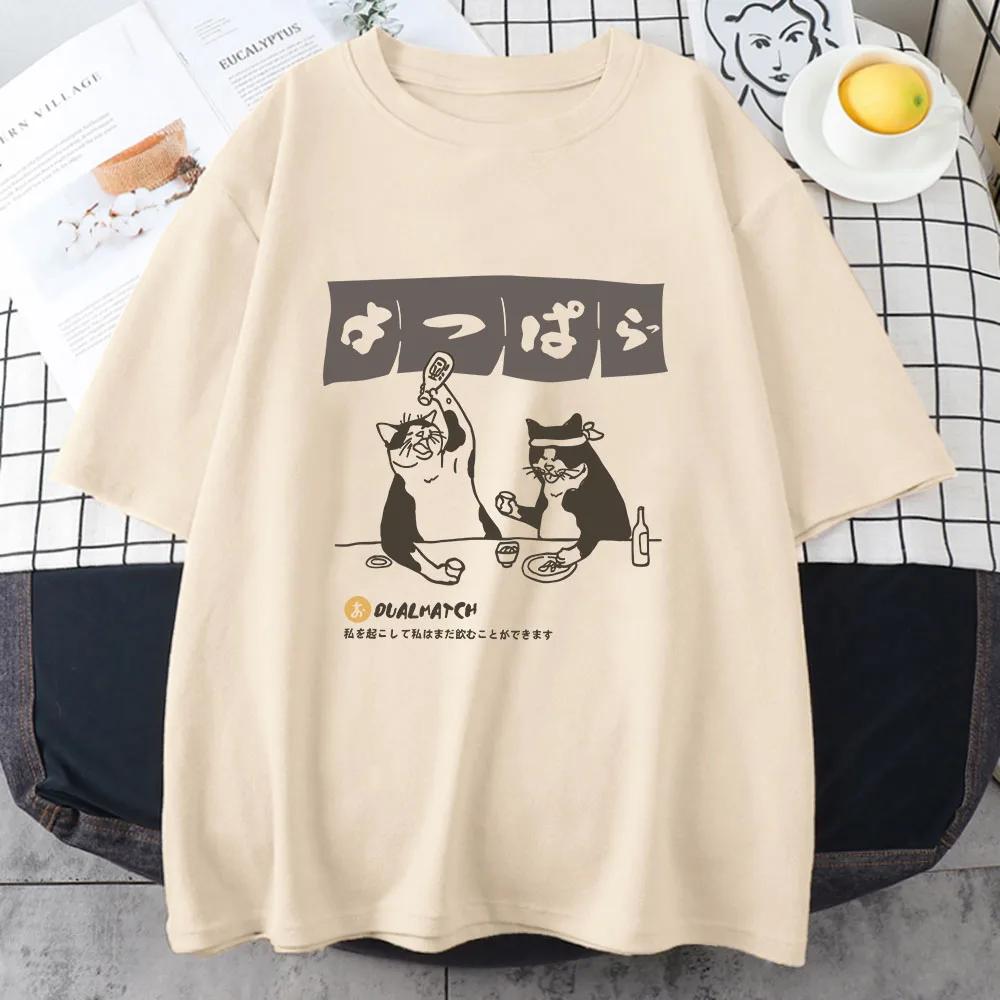 Women Tshirt Streetwear Japanese Harajuku Funny Drinking Cat T-Shirt 100% Cotton Summer Cartoon T Shirt Unisex Hip Hop Tops Tees