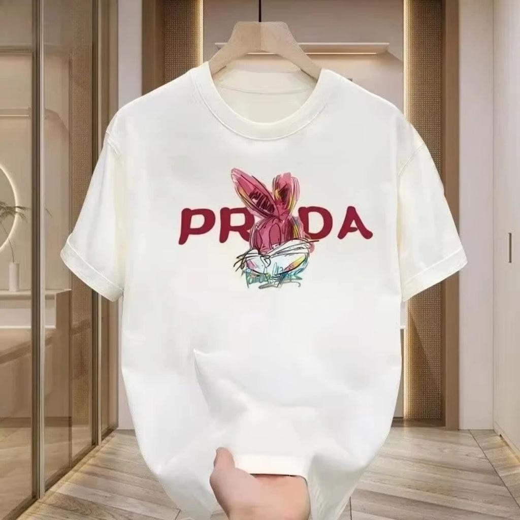 2026 Новая Роскошная Футболка в Стиле Prada с Графикой Зайца Мужская Женская Модная Повседневная с Коротким Рукавом Уличная Одежда Топ