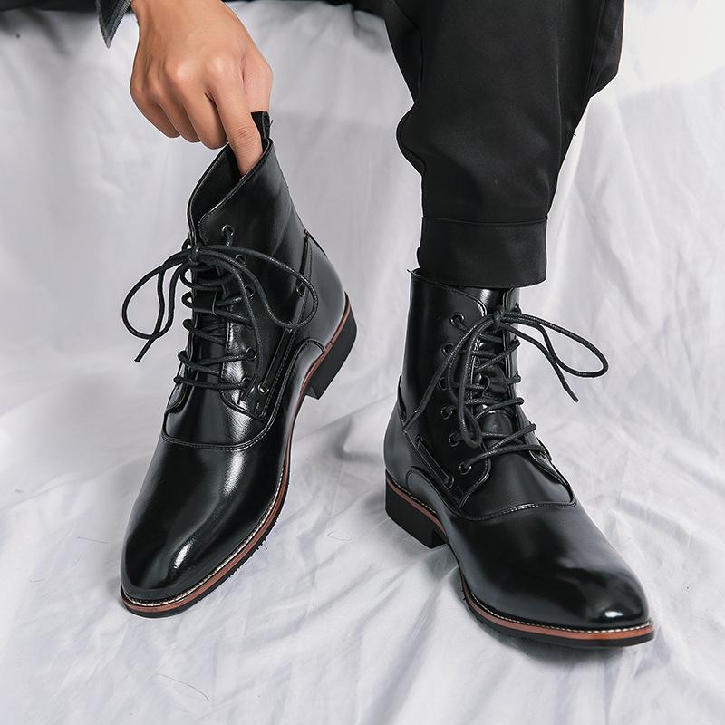 Мужские кожаные ботинки на высоком голенище с острым носком, весенне-осенние, молодежные ботинки средней высоты большого размера, модные ботинки Мартина на шнуровке с персонализированной полировкой