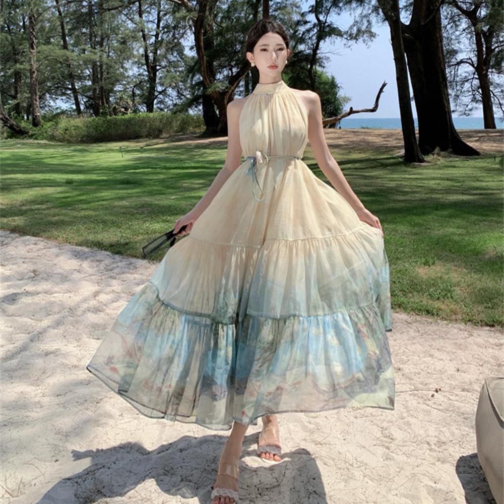 Summer Holiday Ink Printing Loose Halter Dress Women's Sleeveless Organza Beach Party Off Shoulder Lace-up Oversize Robe Femme