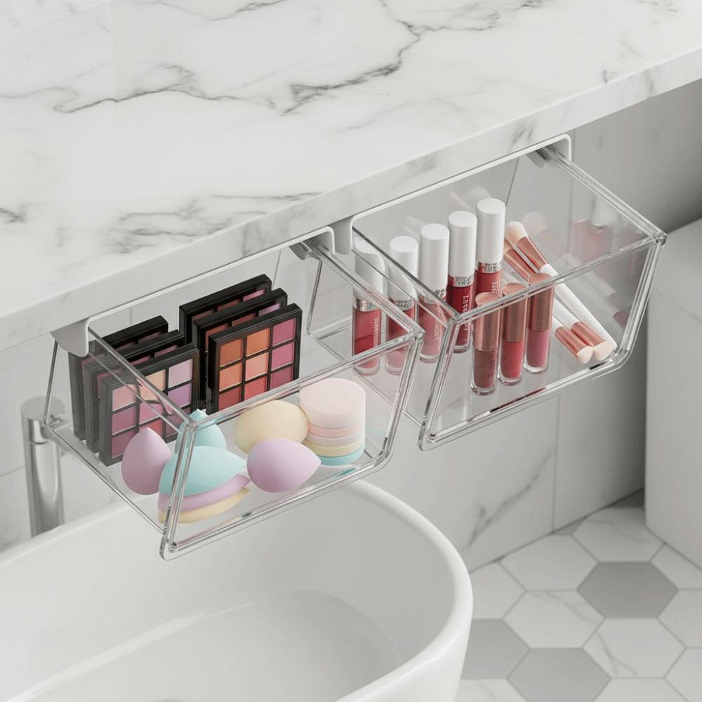 Plastic Under Desk Drawer Organizer Self Adhesive Qtip Holder for Swabs Floss