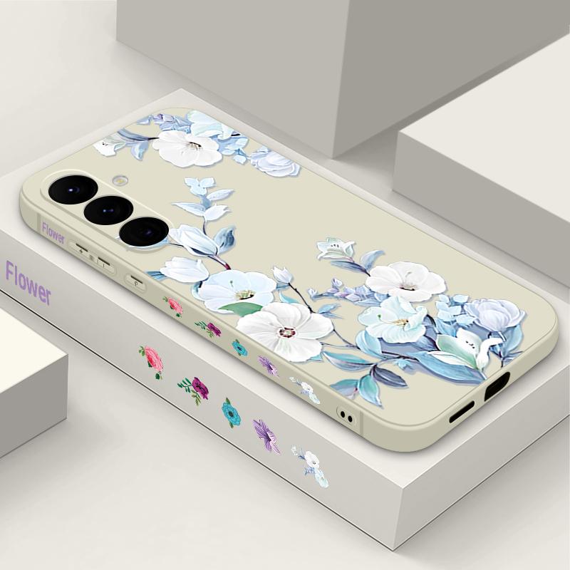 For Samsung S25 Ultra S24 FE S23 A56 A36 A16 A55 Phone Shell Floral Print Matte Lens Protection TPU Lanyard Soft Shockproof Silicone Slim Case Cover