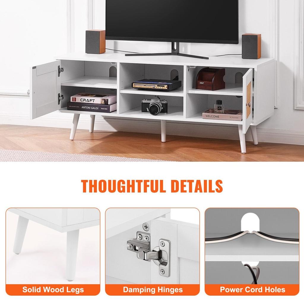 Rattan TV Stand, Boho TV Cabinet for 55 inch TV, Mid Century Modern TV Stand, Rattan TV Console with Adjustable Shelfs for Living Room, Media Room,