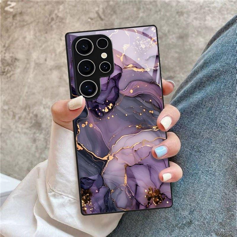 Фиолетовый золотой узор Изысканный чехол для телефона для Samsung Galaxy S26 S25 S24 S23 S22 FE Ultra Plus Встроенное стекло ощущение голого телефона