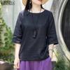 ZANZEA Женские летние блузки с круглым вырезом и коротким рукавом
