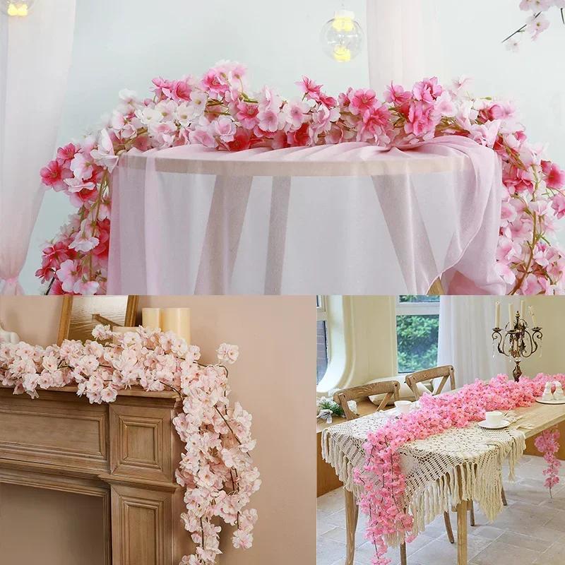 Artificial Flowers Cherry Blossoms Vines Silk Flowers Sakura Rattan Christmas Ornament Hanging Garland Wedding Home Decoration