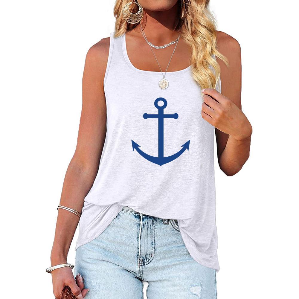 Женская повседневная майка с круглым воротником, летняя свободная майка с бретелью через шею, женская модная рубашка без рукавов с принтом якоря