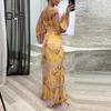 Shoulder Women Dress Off Evening Rhinestone Decor Pleated Long Lantern Sleeve Split Hem Loose High Waist Printed Floor Length Prom Banquet Party Maxi