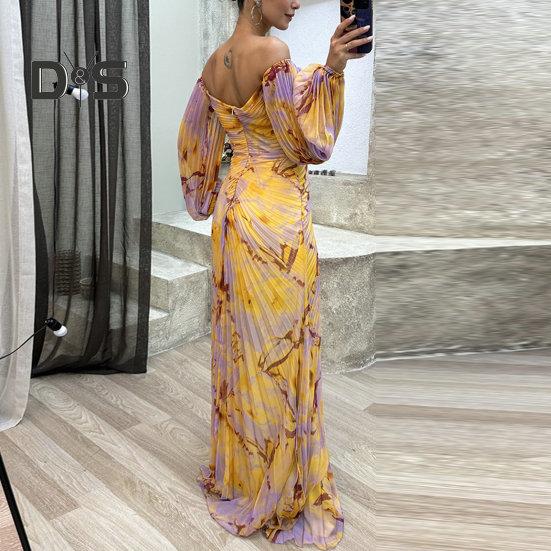 Shoulder Women Dress Off Evening Rhinestone Decor Pleated Long Lantern Sleeve Split Hem Loose High Waist Printed Floor Length Prom Banquet Party Maxi