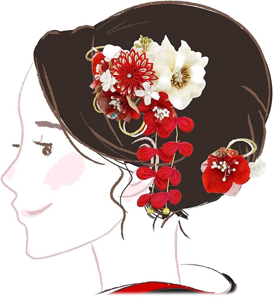 Hair Ornament 2 Piece Set Red Red White Flower Hairpin Crepe Tsumami Craft Comb Shape Furisode Coming of Age Ceremony Graduation Ceremony Wedding