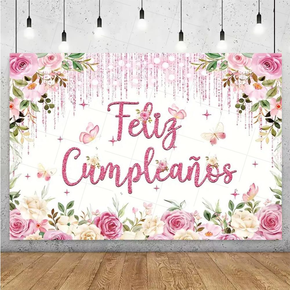 Happy Theme Background in Spanish, Party Decoration with Colored Globes, Background Banner, Gift for Children, Photo Session