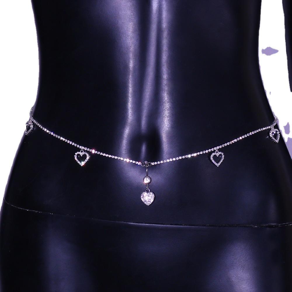 Stonefans Fashion Sexy Piercing Heart Belly Navel Nail Ring Jewelry Rhinestone Glitter Love Pendant Waist Chain Belt for Women