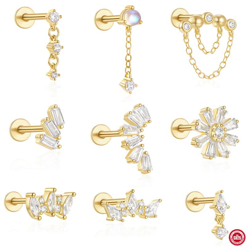 Серьги-пусеты из стерлингового серебра S925, трендовый стиль, луна, драгоценный камень, модный пирсинг, внутренняя резьба, плоское основание, 16G, для козелка уха