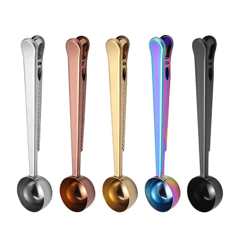 Stainless Steel Measuring Spoon With Clip Coffee Snacks Food Bags Multi-Function Kitchen Tool In Gold Rose