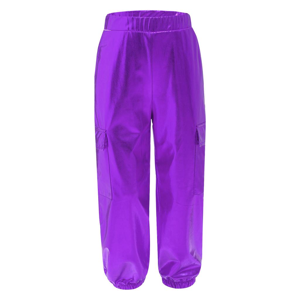 Unisex Kids Metallic Shiny Pants Elastic Waistband Design Hip Hop Jazz Dance Trousers