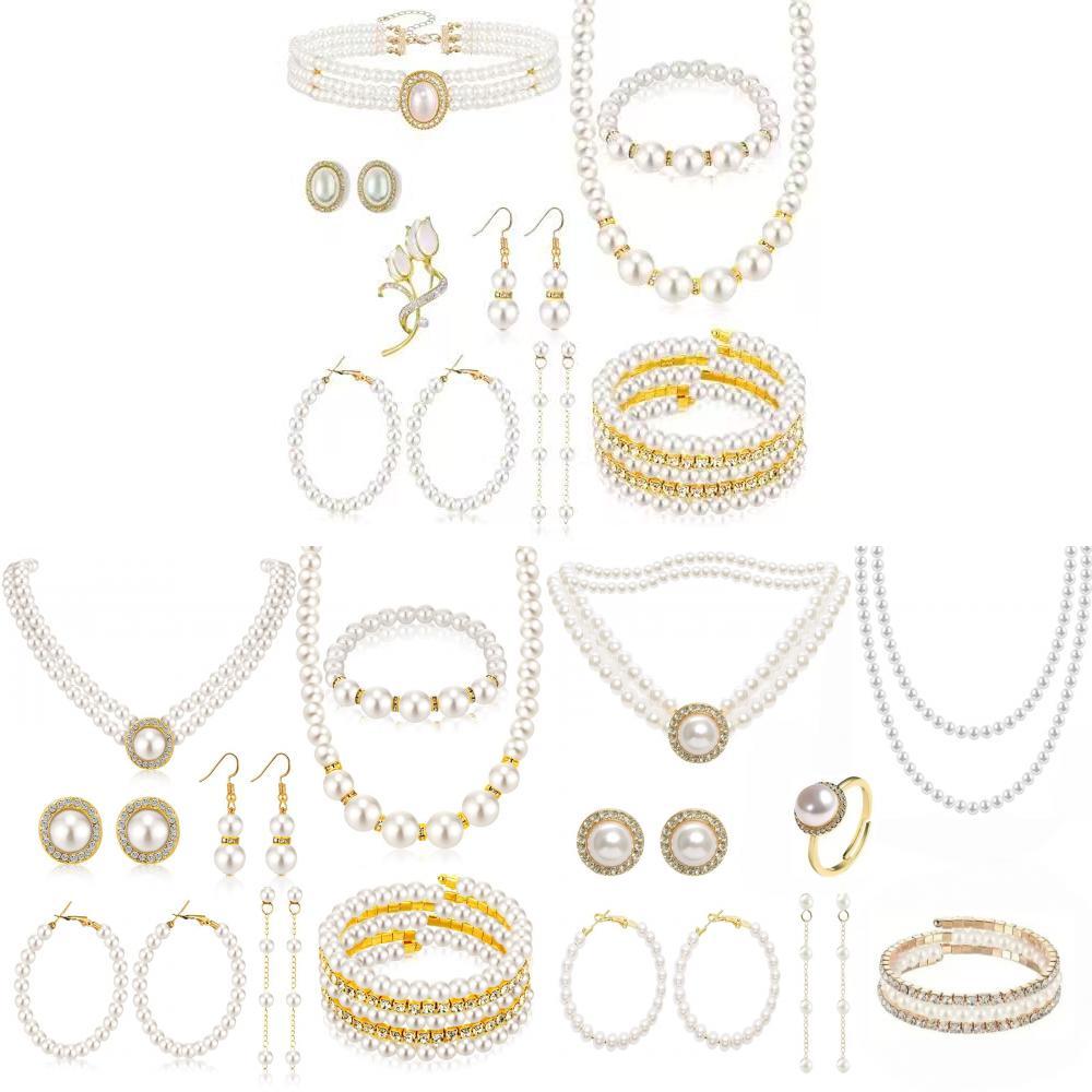 Vintage Chic Artificial Pearl Necklace And Earrings Set For Party Wear With Geometric Design