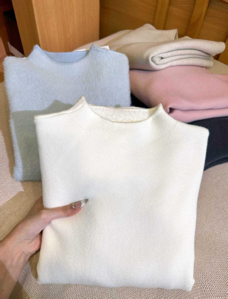 Повседневный внутренний топ однотонного цвета с полувысоким воротником, утолщенная трикотажная рубашка с длинным рукавом для осени и зимы, с воротником-стойкой и флисовой подкладкой