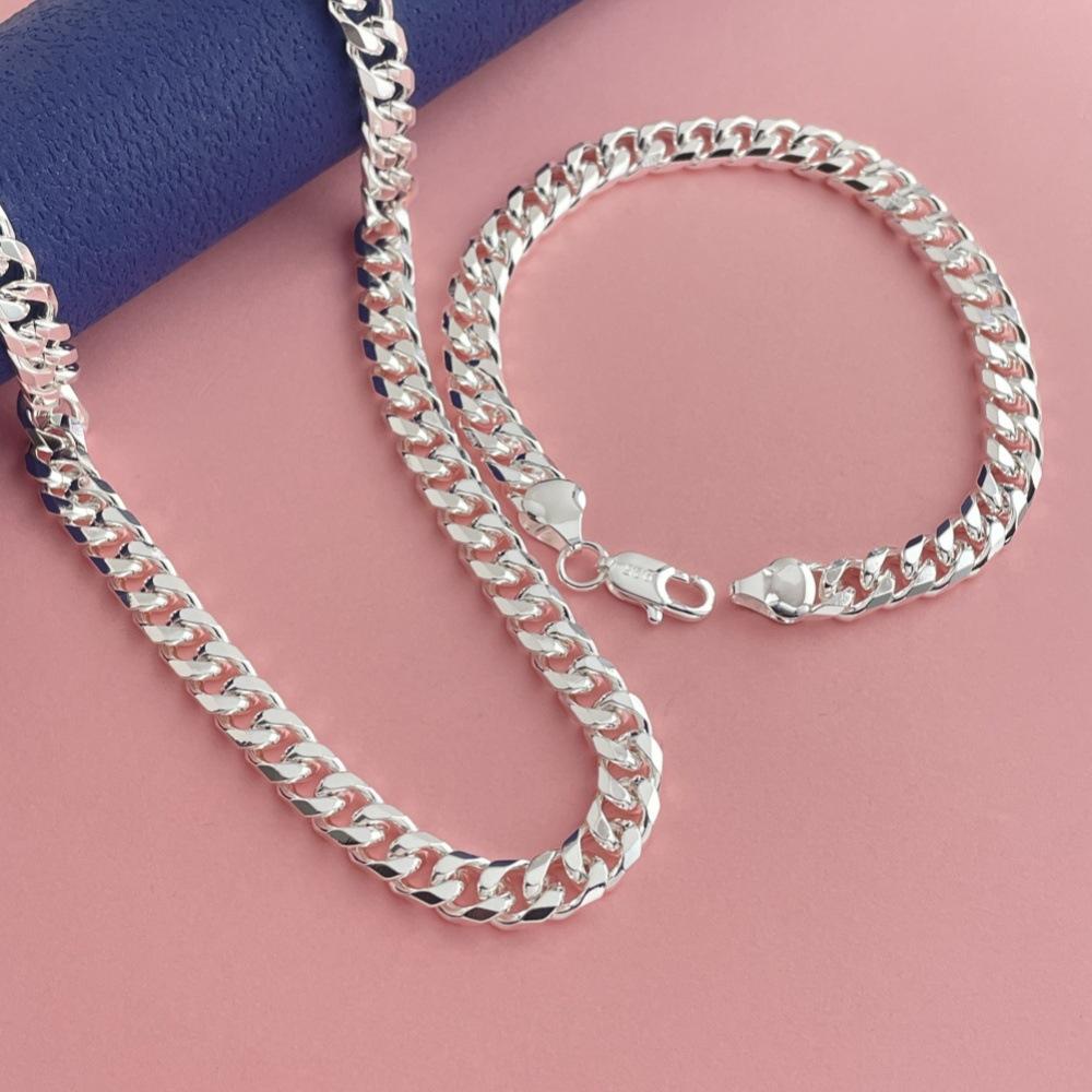 925 Sterling Silver Jewelry Fashion Trend 6mm Sideways Cuban Necklace Bracelet Set Birthday Party Anniversary Gift