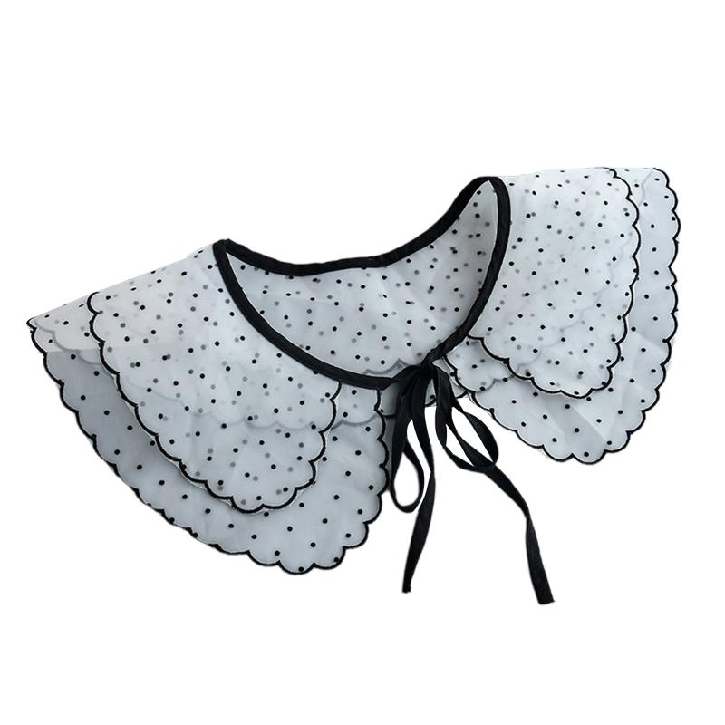 Women Vintage Polka Dot Double Layer Faux Collar Big Shawl Elegant Black Scalloped Trim Half Shirt Lace-Up Mini Capelet
