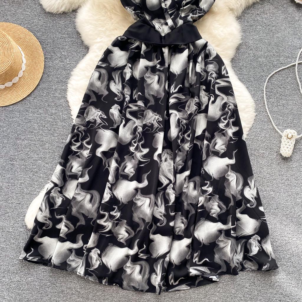 Summer Vintage Women Print Long Dress Elegant V-Neck Sleeveless High Waist A-Line Maxi Vestidos Female New Fashion Robe