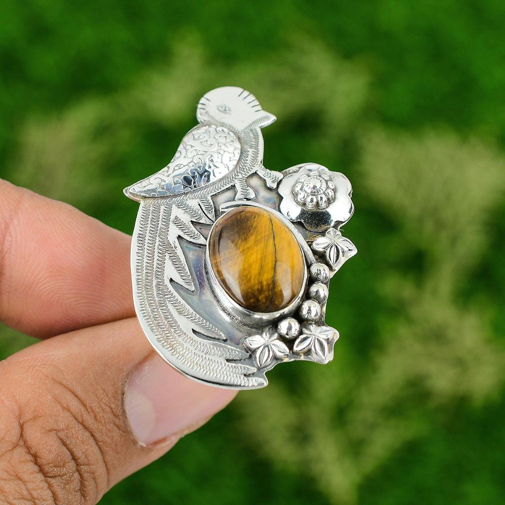 Natural TigerS Eye 925 Silver Multi Stone Bird Adjustable Ring For Girls