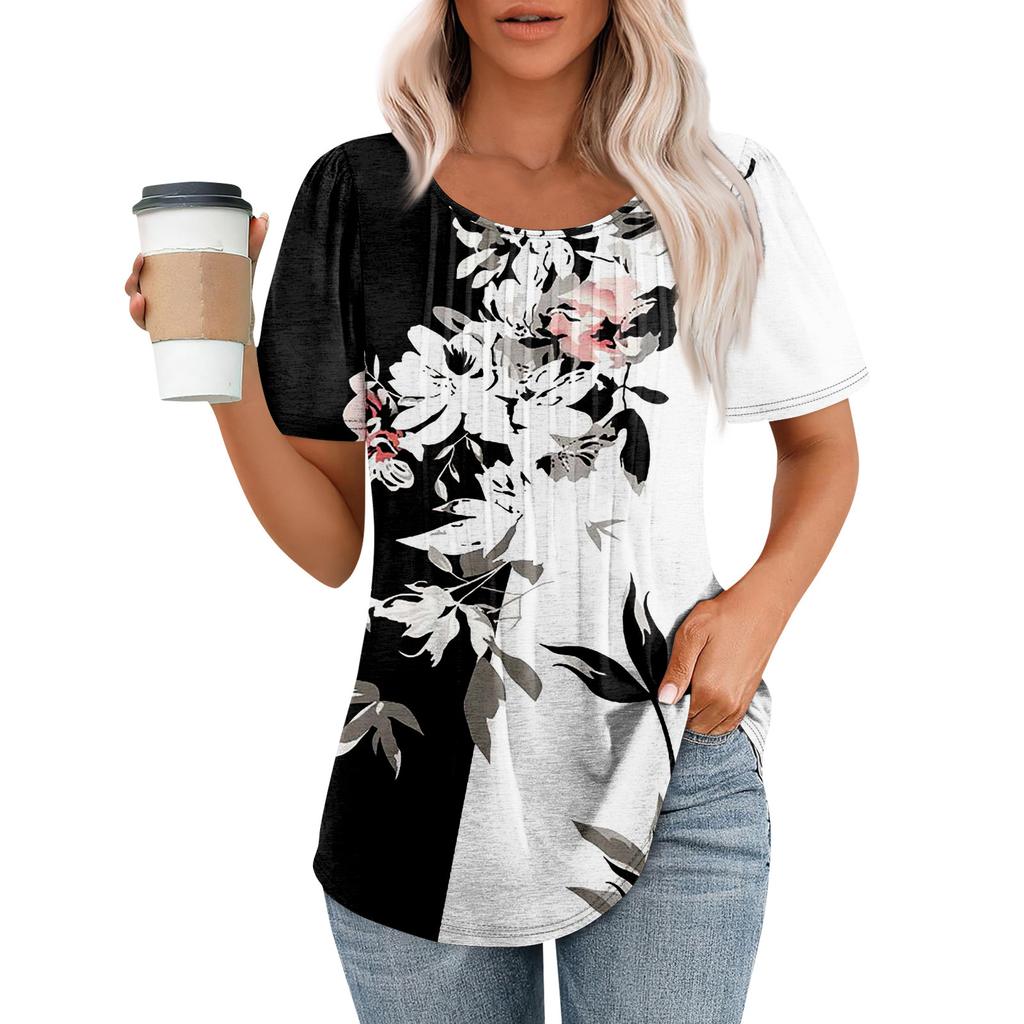 Women's Fashion Printed Casual Pleated Round Short Sleeve T-Shirt Top