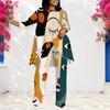Women Plus Size Round Neck Long Sleeve Abstract Printed Irregular Top And Long Pants Two Piece Set