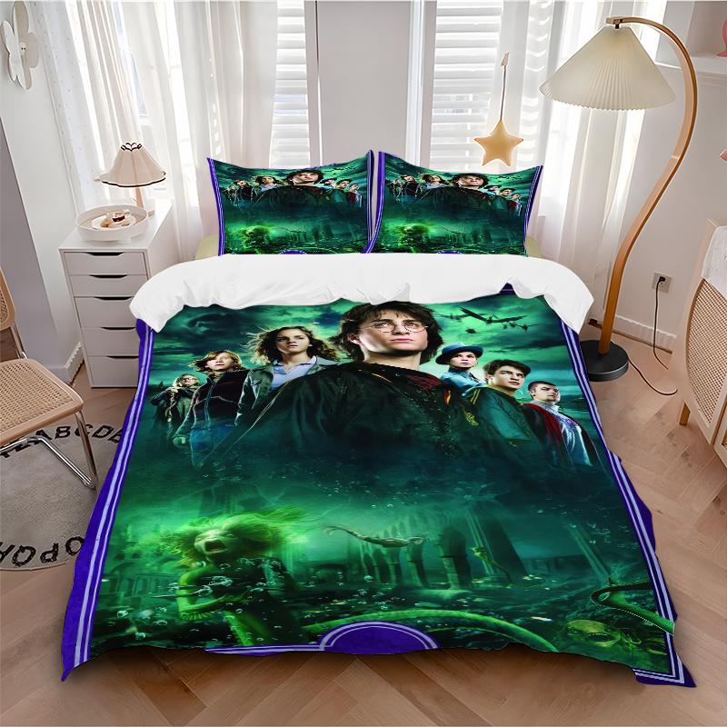 3pcs Green Harry Potter Bedding Set - 1 Soft Quilt Cover + 2 Pillowcases, Suitable for All Seasons.F018