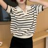 Модная новая повседневная трикотажная футболка с коротким рукавом и воротником-поло для женщин, летние топы, тонкие свободные женские футболки в полоску, простая элегантная женская футболка 26309