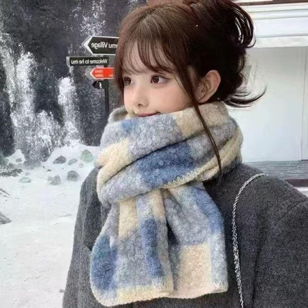 Korean Style Plaid Fleece Scarf Coldproof Winter Cashmere Shawl Elegant Curly Wool Scarf Women