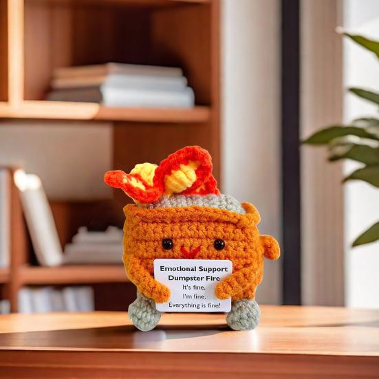 Crocheted Dumpster Plush Doll Emotional Support Gift Handmade Crochet Trash Can Flaming