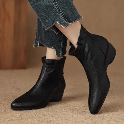 Модные женские зимние ботильоны из мягкой кожи на квадратном каблуке, новинка 2025 года, ботильоны на среднем каблуке из мягкой кожи, универсальные модные ботильоны с оборкой и женские ботинки